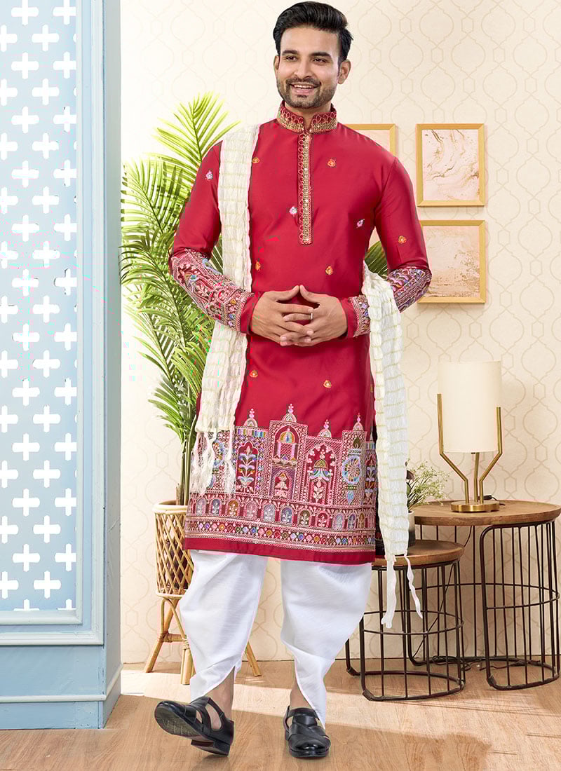 Royal Maroon Malai Silk Embroidered Sequins Thread Kurta Pyjama Festive Wear