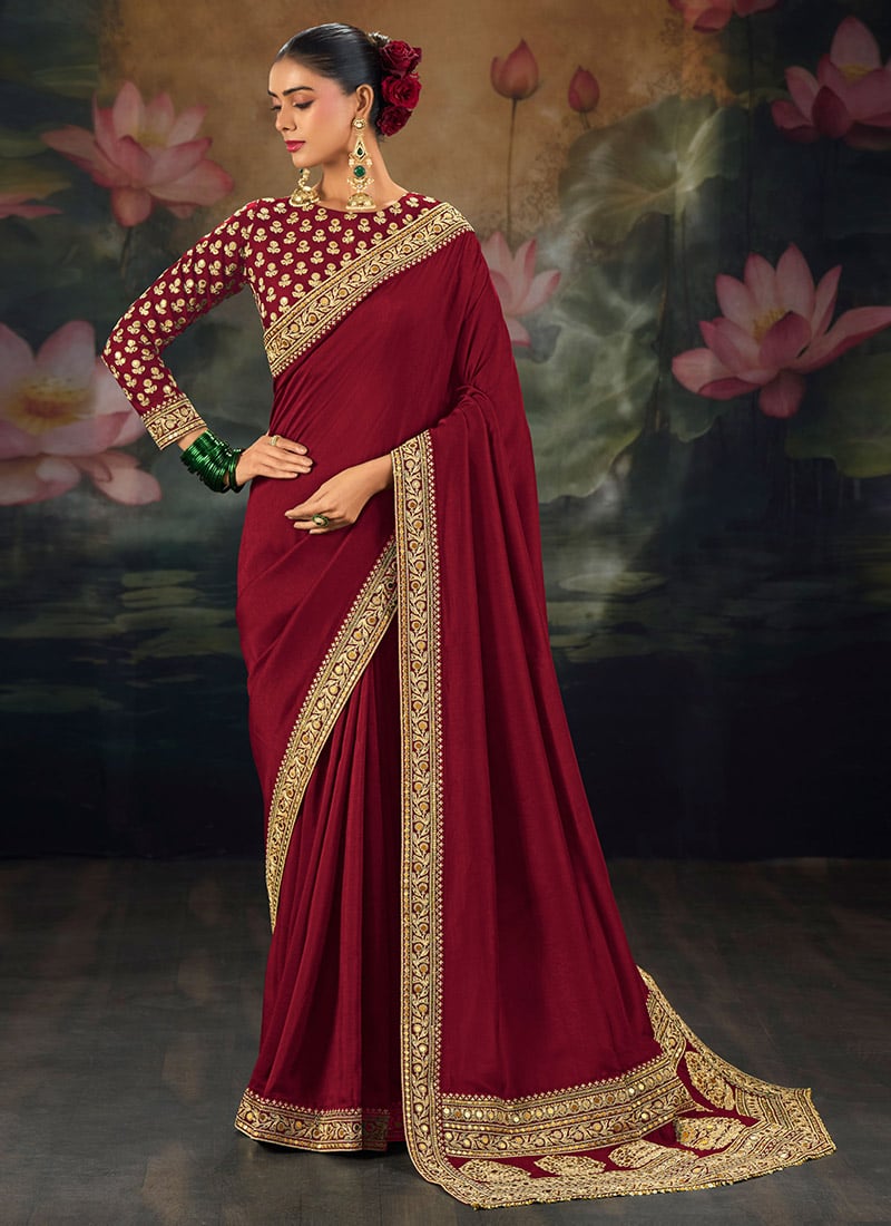 Royal Maroon Muga Silk Zari Sequins Resham Embroidered Saree Wedding Wear