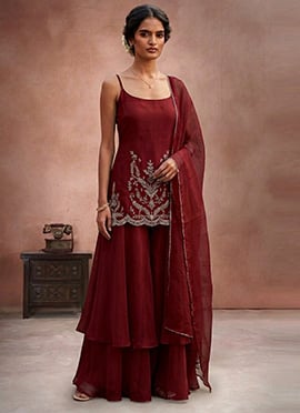 Royal Maroon Organza Zari Hand Embroidered Palazzo Suit