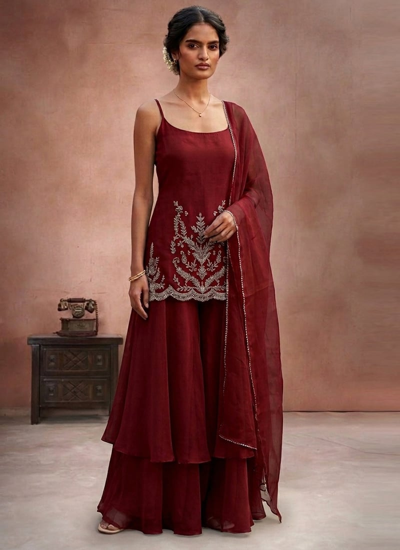 Royal Maroon Organza Zari Hand Embroidered Palazzo Suit Festive Wear