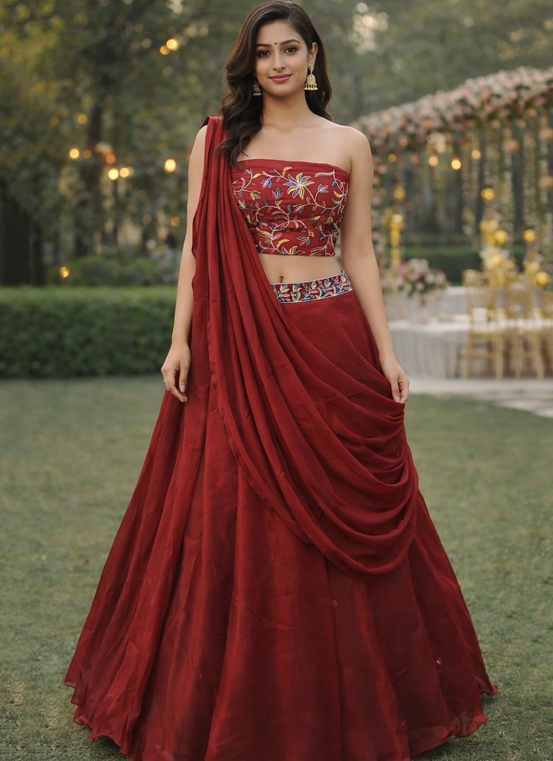 Royal Maroon Rangoli Silk Multicolor Floral Embroidery With Thread Work Umbrella Lehenga After Six Wear