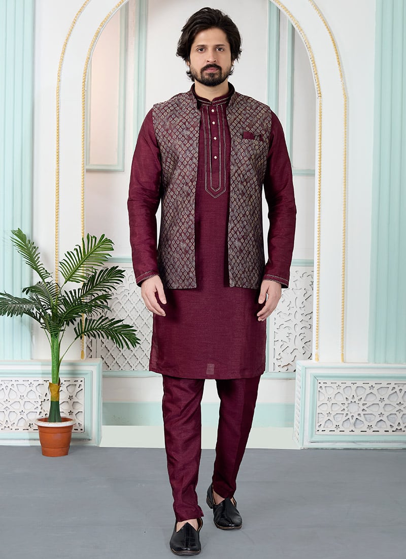 Royal Maroon Satin Blend Jacquard Bandhgala Jacket
