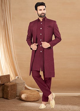 Royal Maroon Silk Embroidered Sequins Indowestern Sherwani