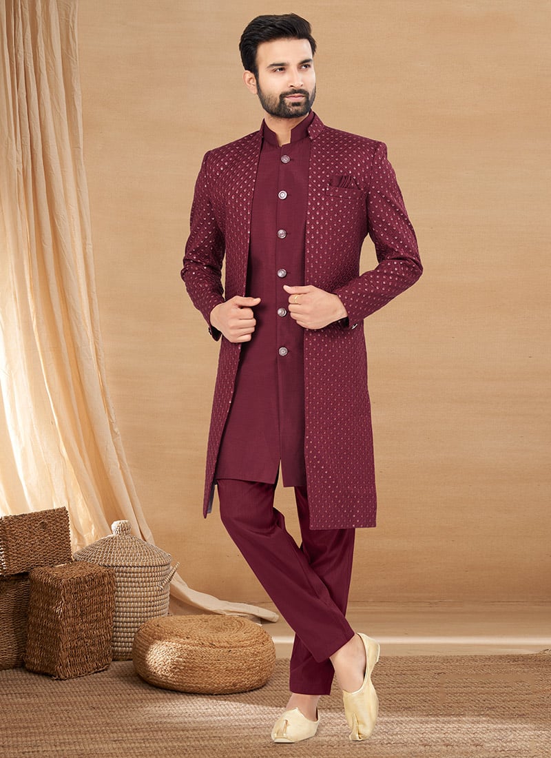 Royal Maroon Silk Embroidered Sequins Indowestern Sherwani Wedding Wear