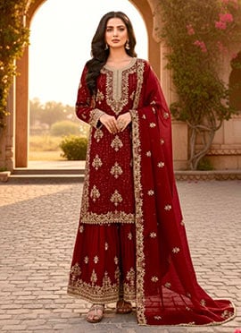 Royal Maroon Silk Embroidered Stones Sequins Palazzo Suit
