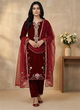 Royal Maroon Viscose Velvet Embroidered Sequins Straight Pant Suit