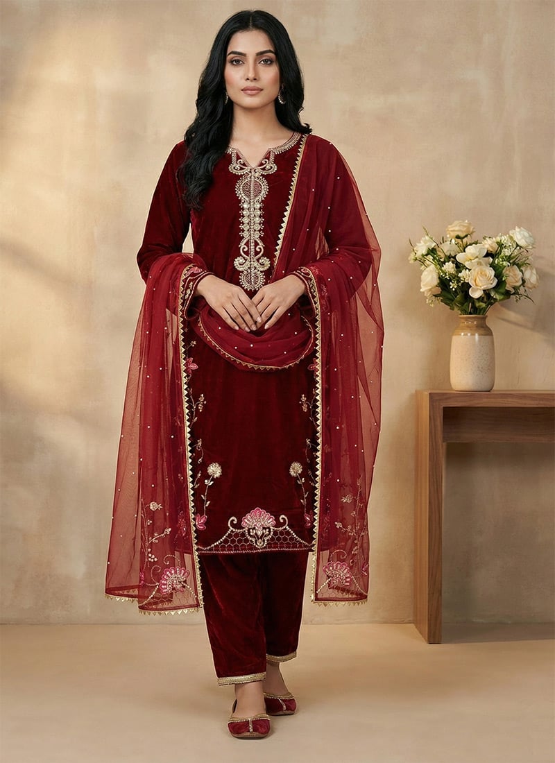 Royal Maroon Viscose Velvet Embroidered Sequins Straight Pant Suit Festive Wear