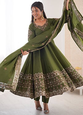 Royal Mehendi Green Roman Silk Embroidered Sequins Anarkali Suit