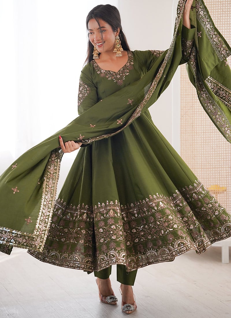 Royal Mehendi Green Roman Silk Embroidered Sequins Anarkali Suit Festive Wear
