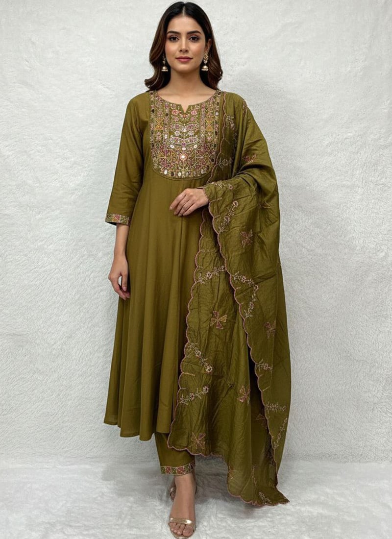 Royal Mehendi Green Viscose Silk Embroidered Mirror Work Straight Pant Suit Festive Wear