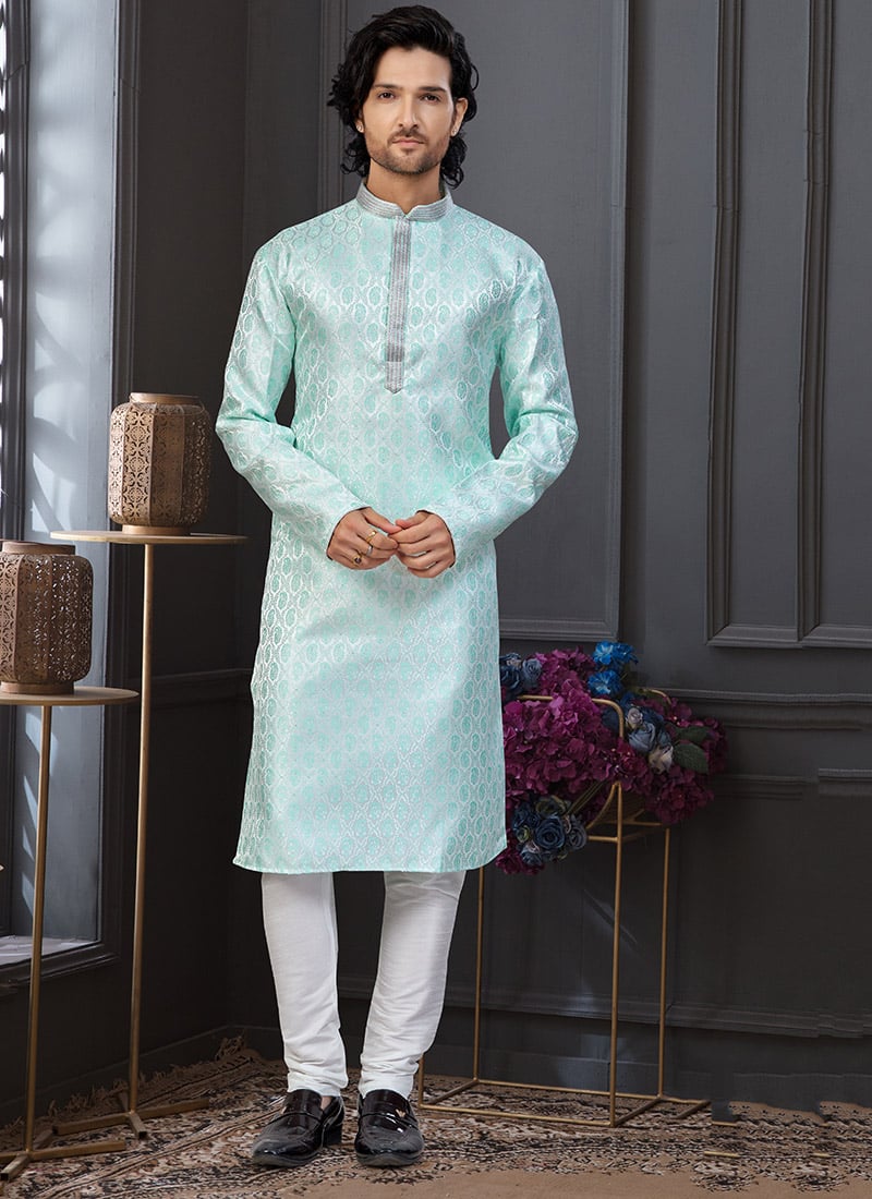 Royal Mint Blue Soft Banarasi Jacquard Stone Work Kurta Pyjama Festive Wear