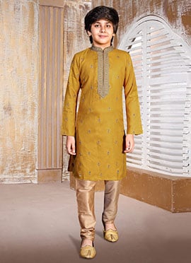 Royal Mustard Silk Embroidered Kids Boys Kurta Pyjama