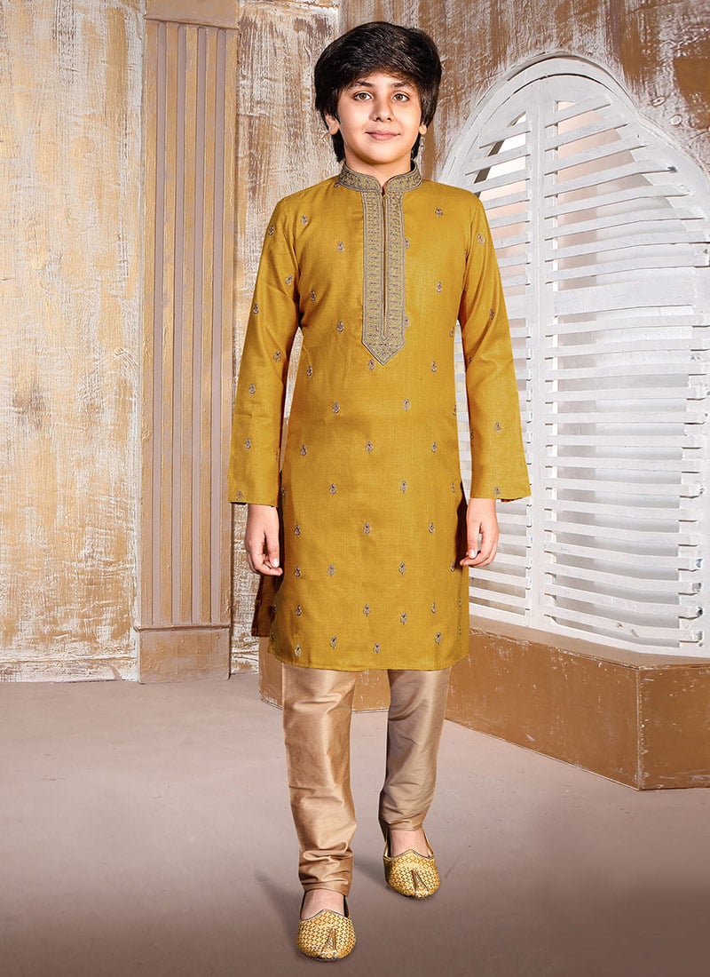 Royal Mustard Silk Embroidered Kids Boys Kurta Pyjama