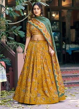 Royal Mustard Tussar Silk Foil Print Umbrella Lehenga