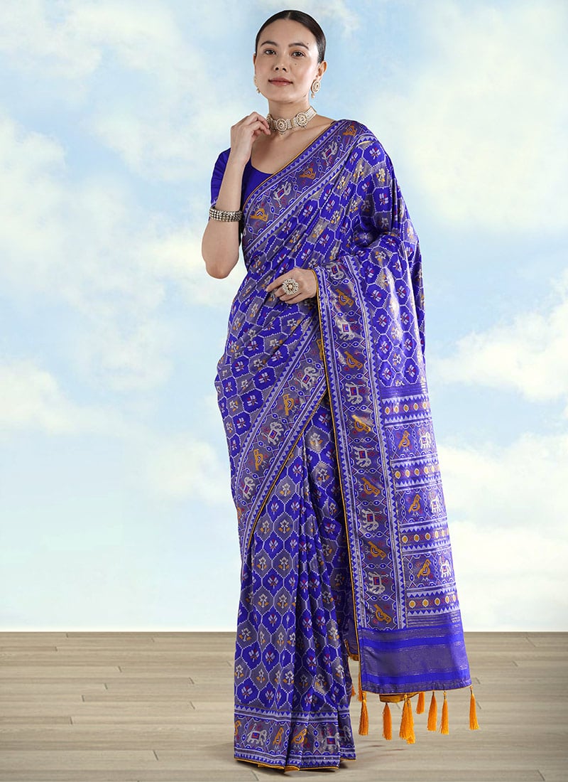 Royal Navy Blue Banarasi Satin Silk Patola Zari Woven Saree Festive Wear