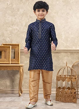 Royal Navy Blue Banarasi Silk Jacquard Thread Lace Work Kids Boys Kurta Pyjama