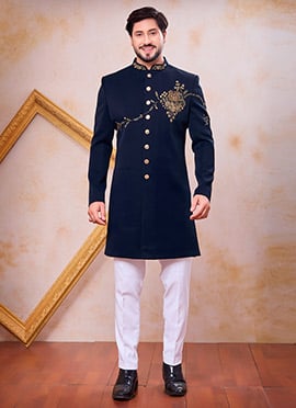 Royal Navy Blue Beads Stone Zardosi Hand Work Indowestern Sherwani