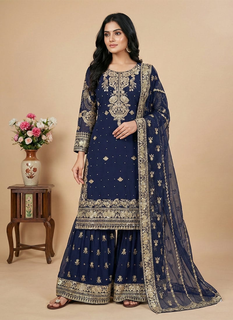 Royal Navy Blue Chinon Embroidered Sequins Sharara Suit Festive Wear