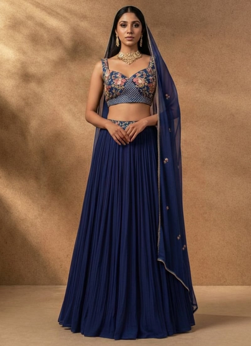 Royal Navy Blue Faux Georgette Beads Hand Embroidered Umbrella Lehenga Wedding Wear