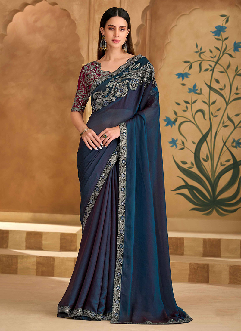 Royal Navy Blue Georgette Embroidered Sequins Zari Beads Cutdana Saree Wedding Wear