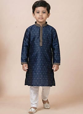 Royal Navy Blue Jacquard Silk Kids Boys Kurta Pyjama