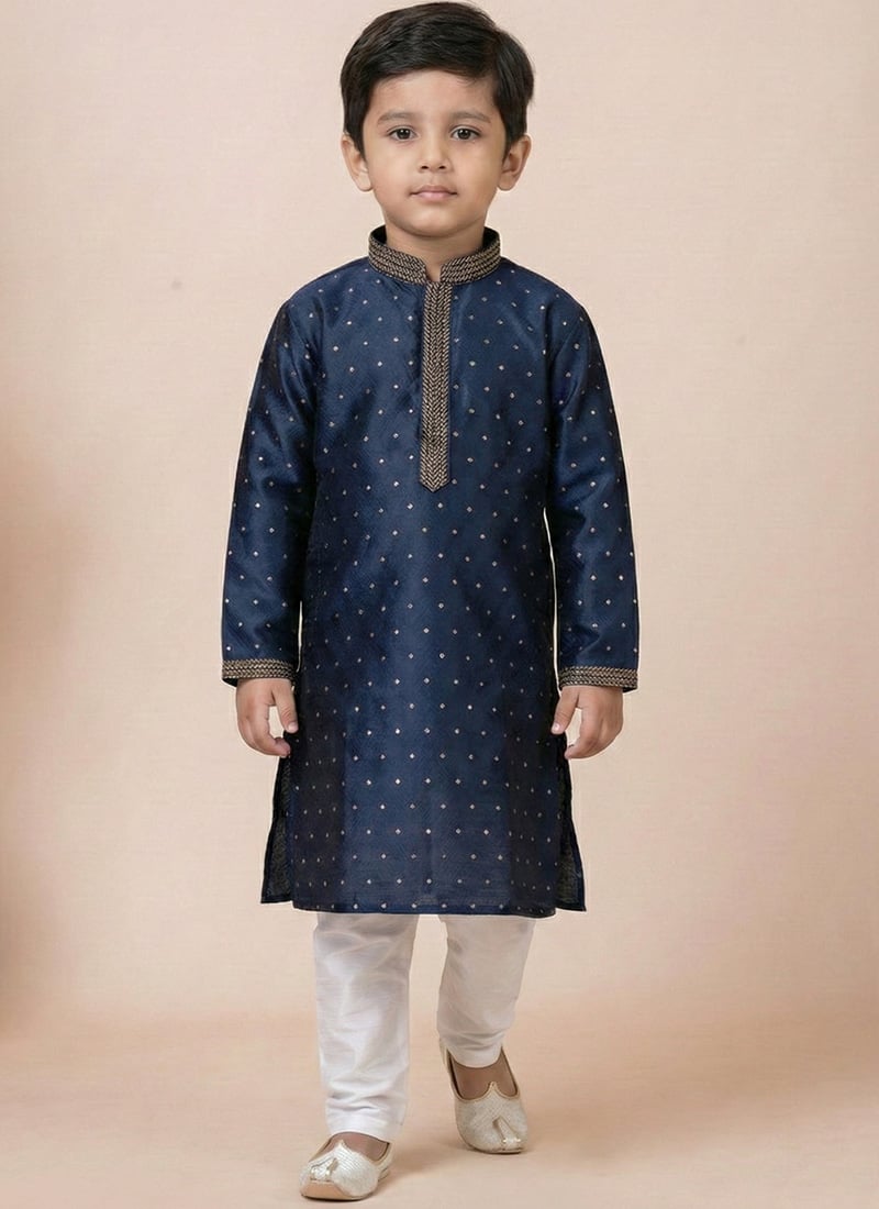 Royal Navy Blue Jacquard Silk Kids Boys Kurta Pyjama  Festive Wear