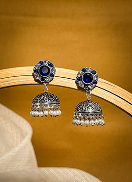 Royal Navy Blue Kundan Beads Oxidised Jhumka