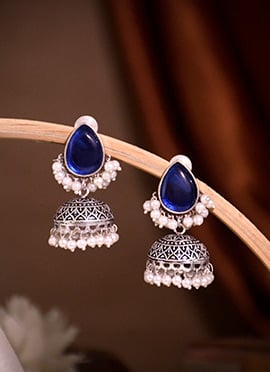 Royal Navy Blue Kundan Beads Oxidised Jhumka