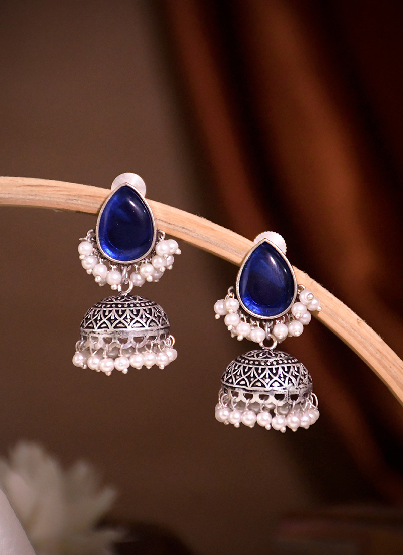 Royal Navy Blue Kundan Beads Oxidised Jhumka Festive Wear