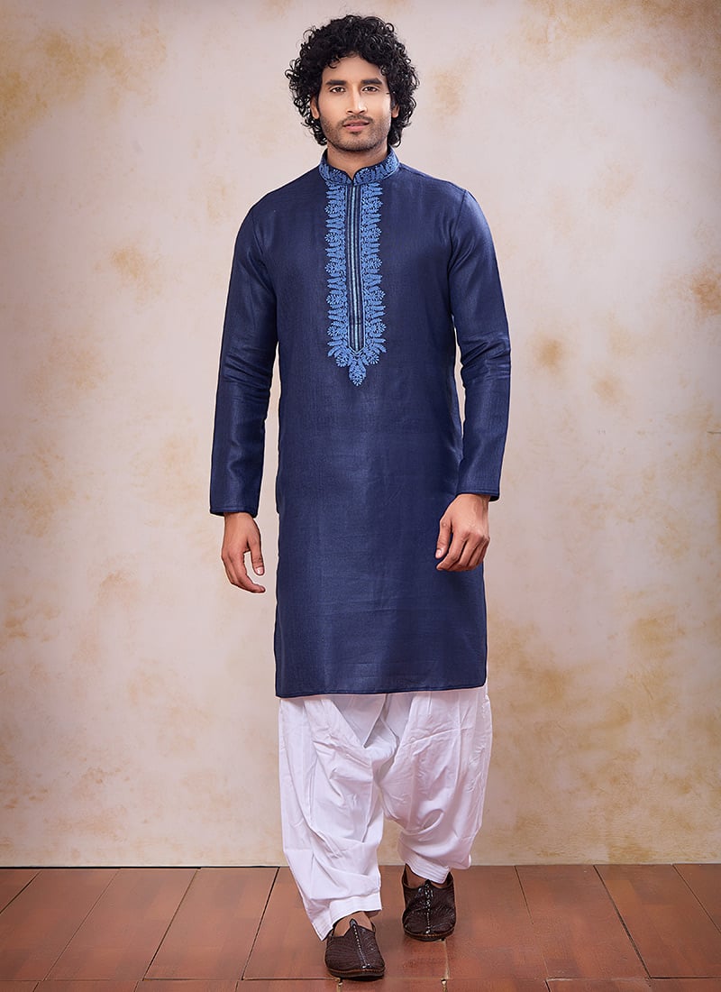 Royal Navy Blue Linen Cotton Embroidered Kurta Pyjama Festive Wear