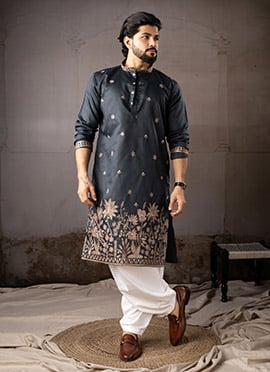 Royal Navy Blue Linen Embroidered Sequins Thread Kurta Pyjama
