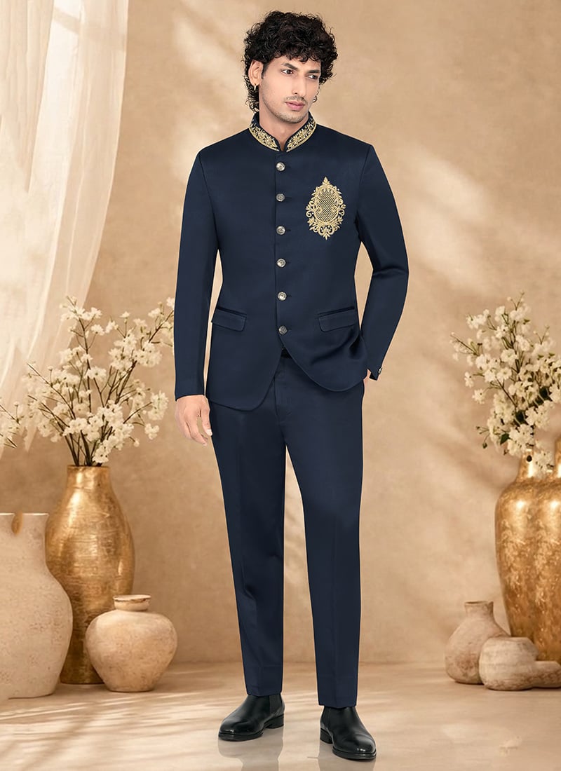 Royal Navy Blue Rayon Hand Embroidered Bandhgala Suit Wedding Wear