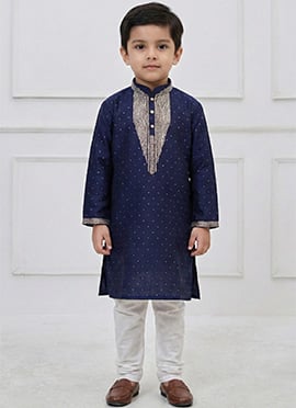 Royal Navy Blue Silk Zari Thread Kids Boys Kurta Pyjama