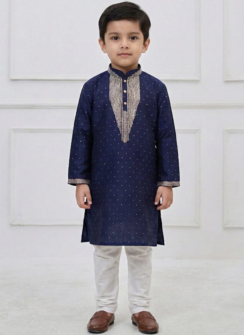 Royal Navy Blue Silk Zari Thread Kids Boys Kurta Pyjama Festive Wear