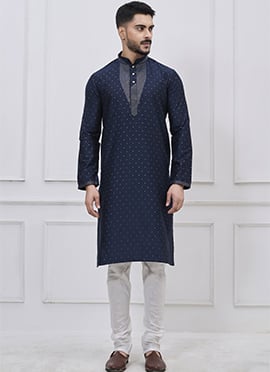 Royal Navy Blue Silk Zari Thread Kurta Pyjama
