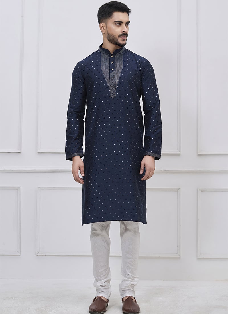 Royal Navy Blue Silk Zari Thread Kurta Pyjama Festive Wear