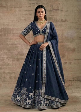Royal Navy Blue Super Satin Silk Sequins Zari Embroidered Resham Thread Umbrella Lehenga