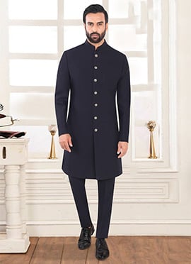 Royal Navy Blue Terry Rayon Indowestern Sherwani