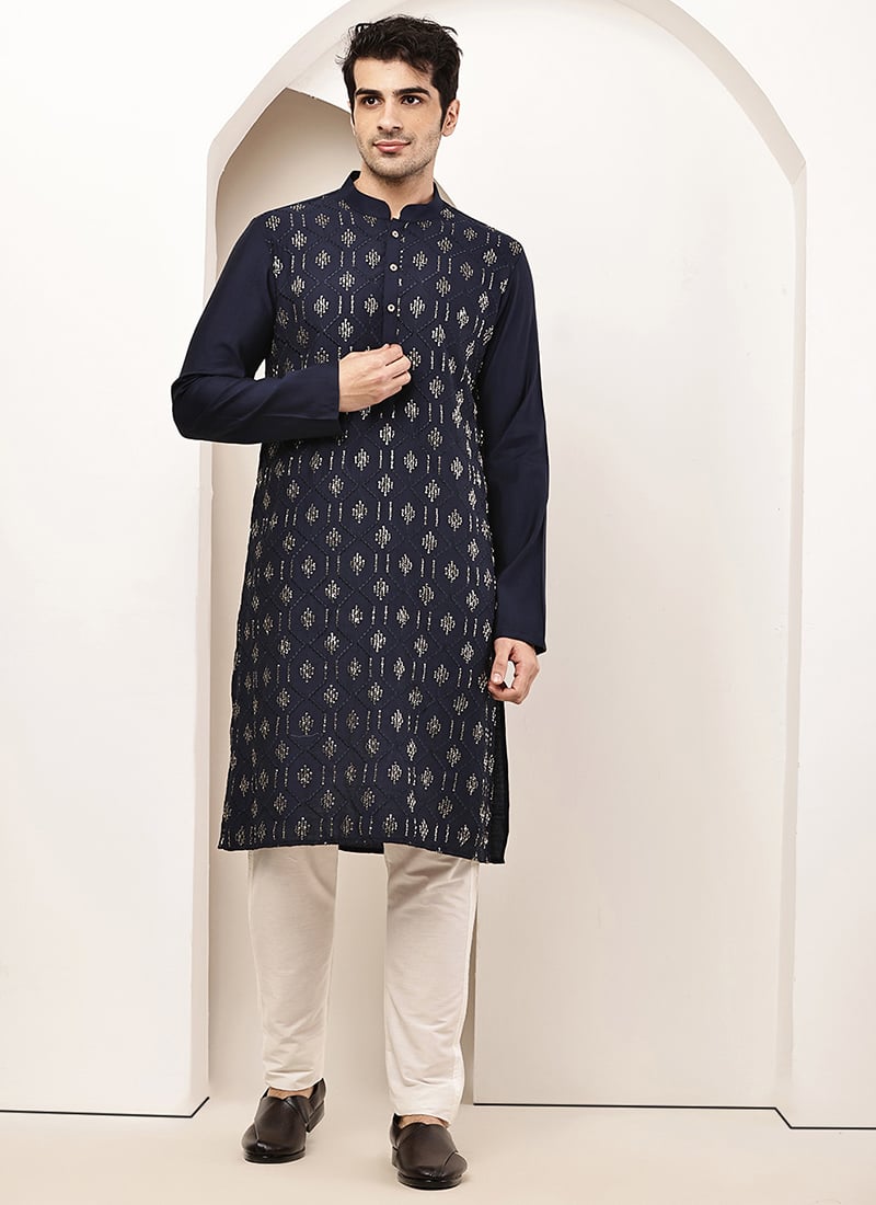 Royal Navy Blue Viscose Silk Embroidered Kurta Pyjama Festive Wear