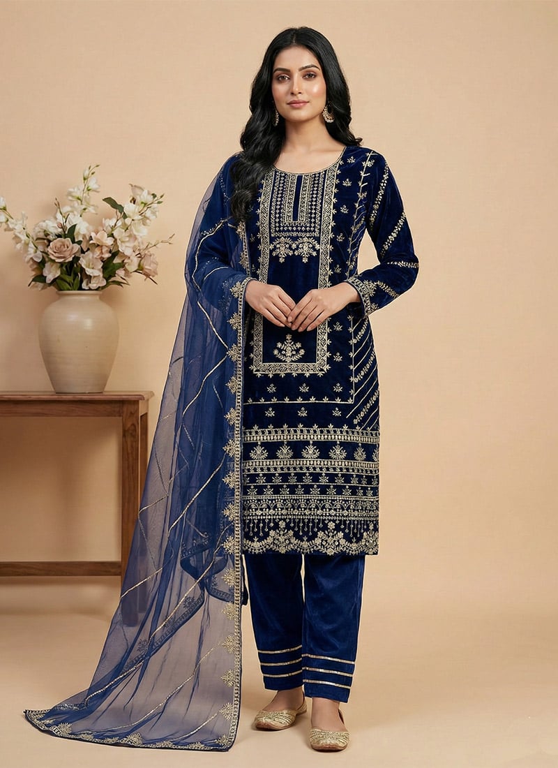 Royal Navy Blue Viscose Velvet Embroidered Straight Pant Suit Festive Wear