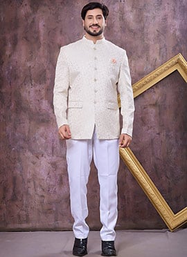 Royal Off White Jacquard Silk Thread Embroidered Bandhgala Jacket