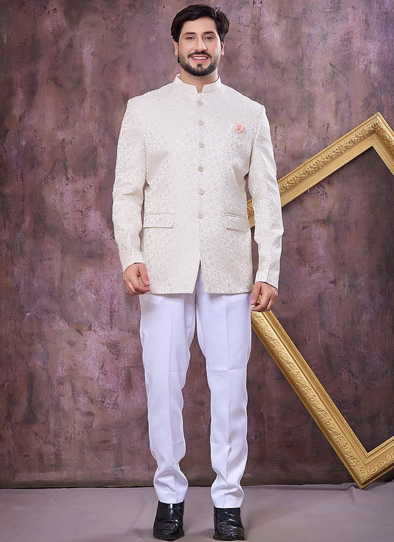 Royal Off White Jacquard Silk Thread Embroidered Bandhgala Jacket
