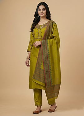 Royal Olive Green Viscose Silk Embroidered Sequins Straight Pant Suit