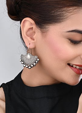 Royal Oxidised Silver Pearl Fan Jhumka