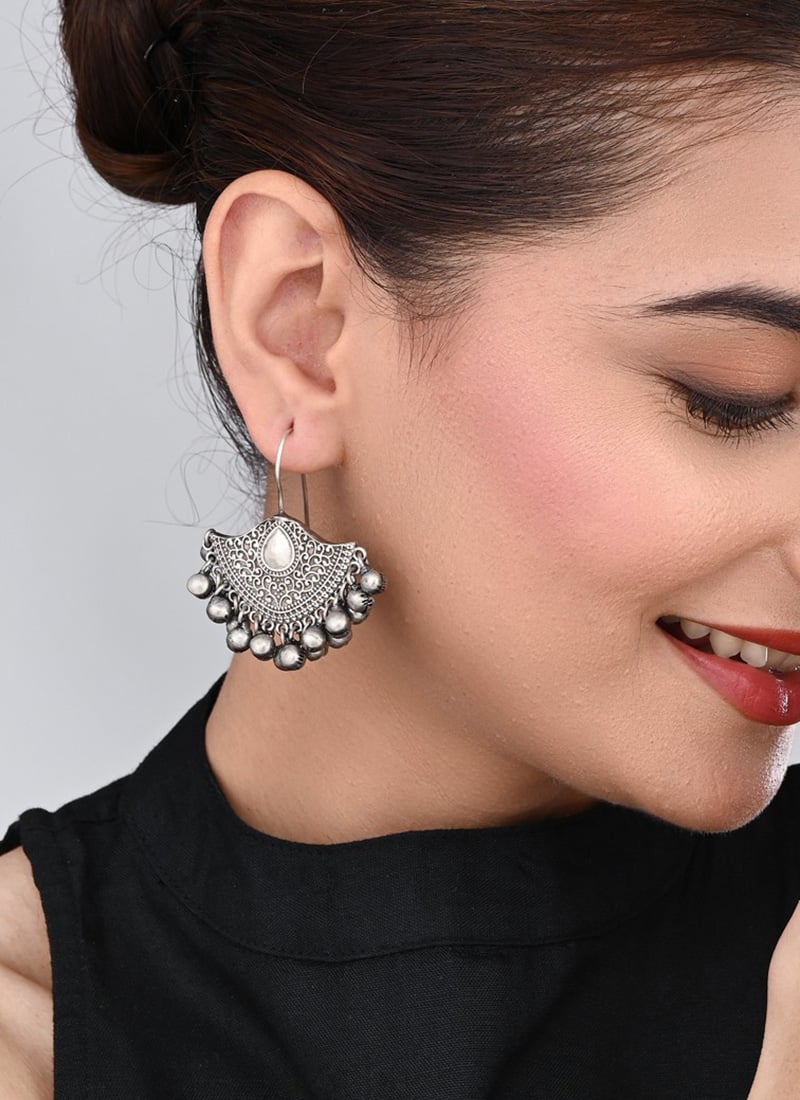 Royal Oxidised Silver Pearl Fan Jhumka Festive Wear
