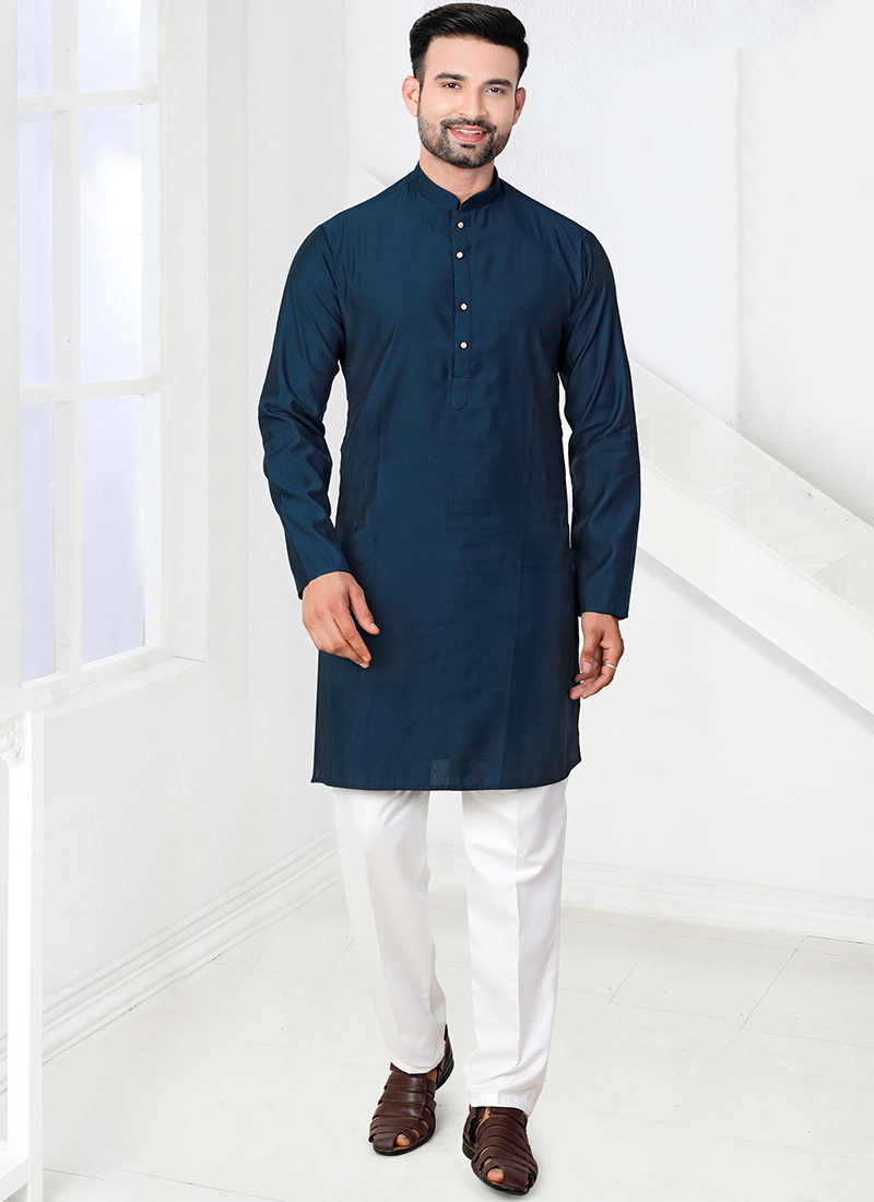 Royal Peacock Blue Jacquard Silk Kurta Pyjama Festive Wear