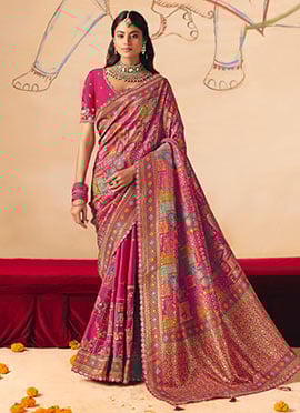 Royal Pink Dola Silk Zari Embroidered Sequins Cut Work Jacquard Print Saree