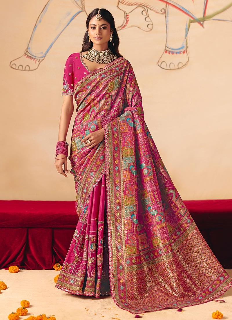 Royal Pink Dola Silk Zari Embroidered Sequins Cut Work Jacquard Print Saree Wedding Wear