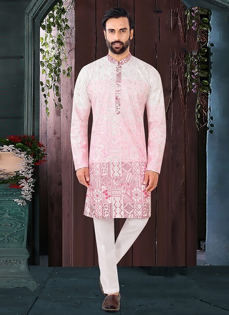 Royal Pink Jacquard Silk Embroidered Sequins Kurta Pyjama   Festive Wear