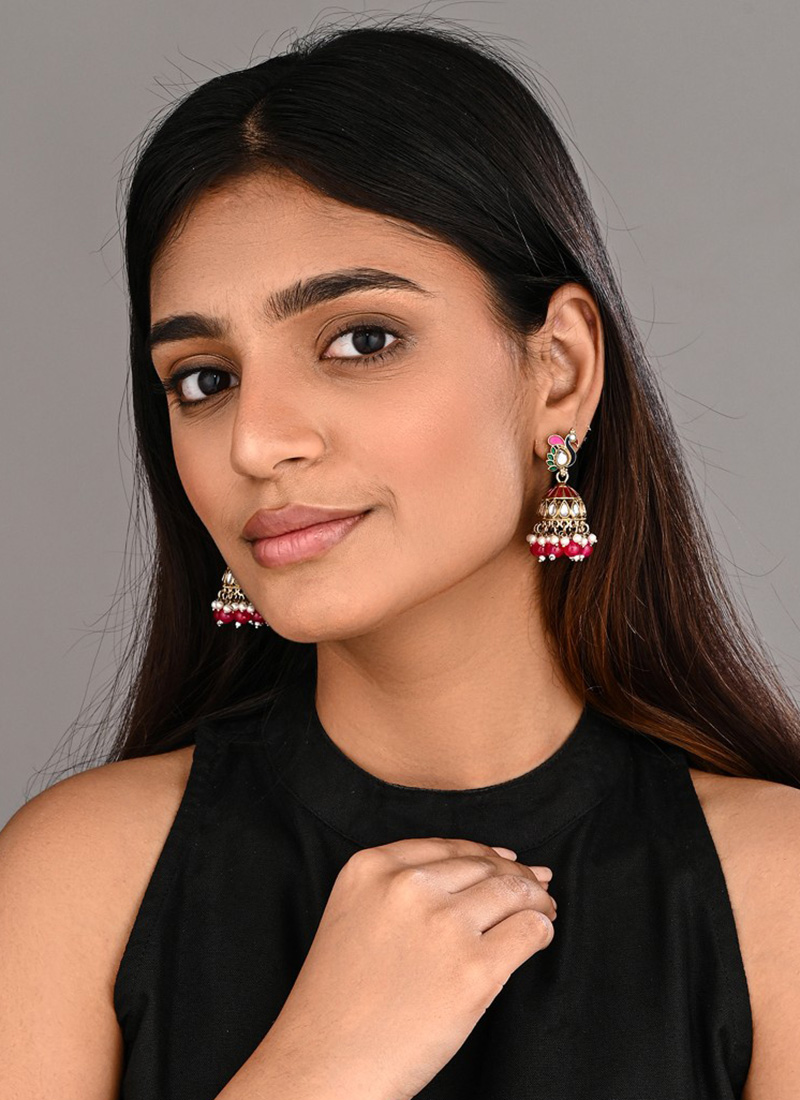 Royal Pink Meenakari Stone Pearl Jhumka Festive Wear